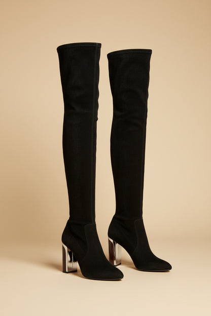 Christian Dior Stretch Suede Thigh-High Boots – Black with Mirror-Chrome Heel – EU 40