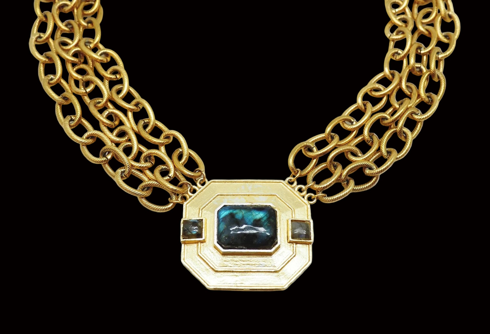 Statement Brass Necklace with Labradorite Stone — close-up detail | Rent designer fashion at Laura Messerschmitt Berlin