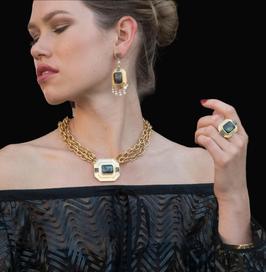 Statement Brass Necklace with Labradorite Stone — rent from Laura Messerschmitt, Berlin stylist