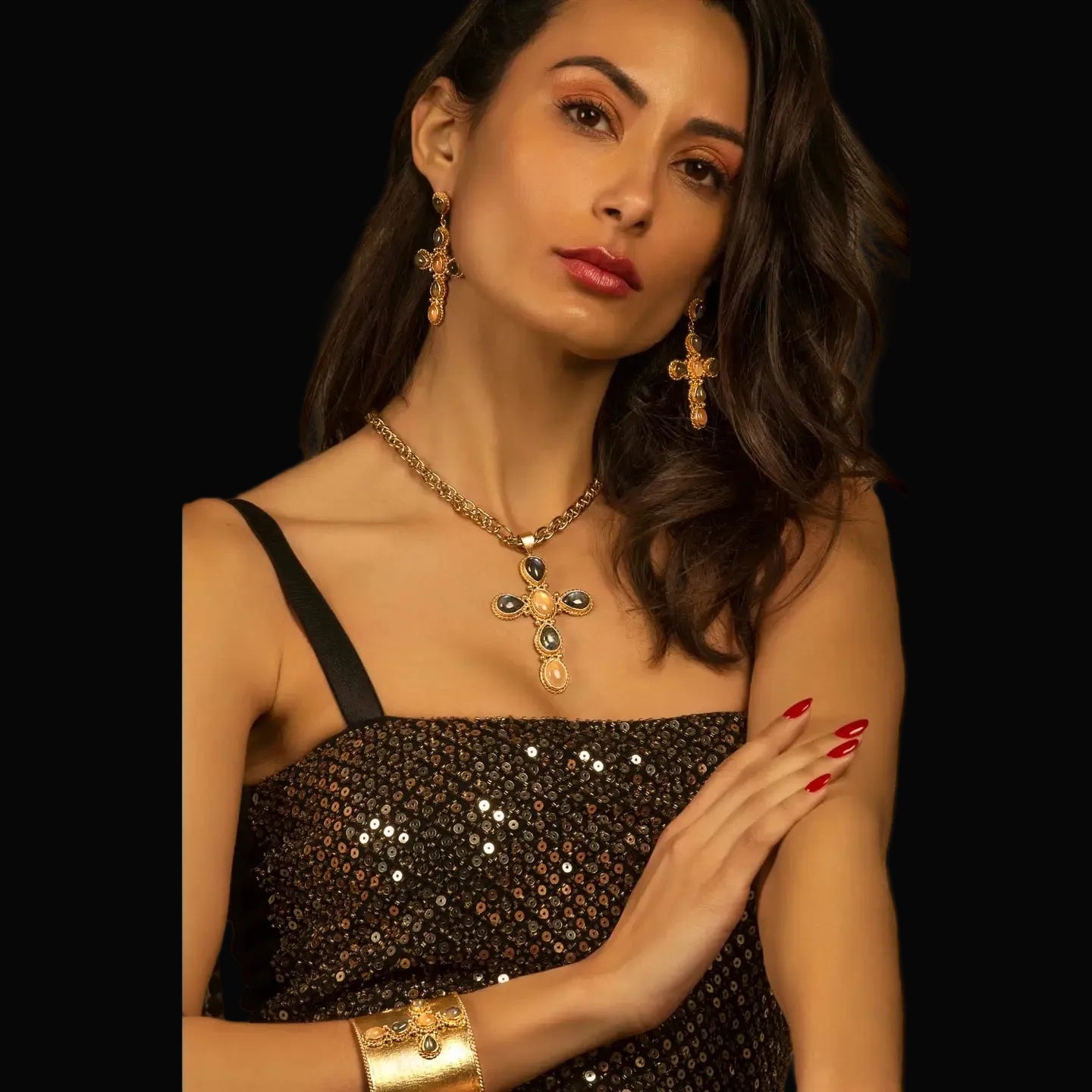 Niiki Paris cross pendant necklace with semi-precious stones — rent from Laura Messerschmitt, Berlin stylist