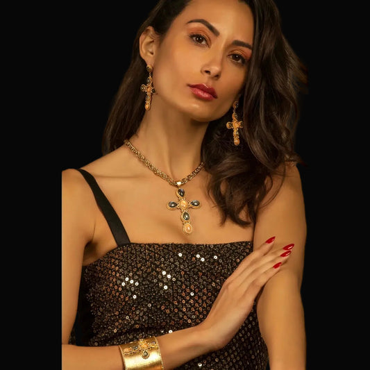 Niiki Paris cross pendant necklace with semi-precious stones — rent from Laura Messerschmitt, Berlin stylist