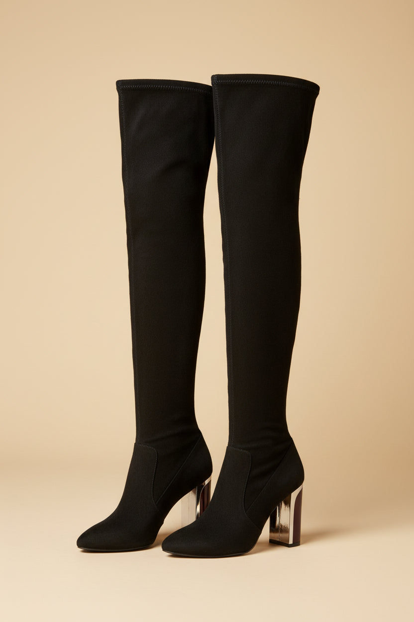 Christian Dior Stretch Suede Thigh-High Boots – Black with Mirror-Chrome Heel – EU 40