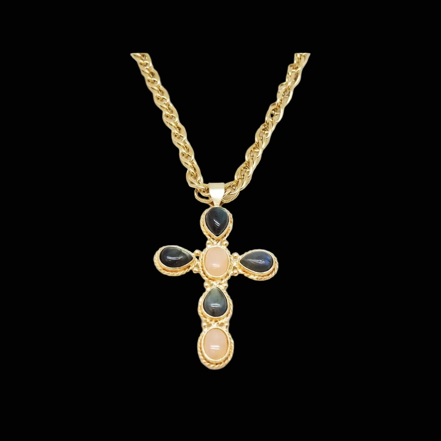 Niiki Paris — Cross Pendant Necklace with Semi-Precious Stones — back view | Rent designer fashion at Laura Messerschmitt Berlin