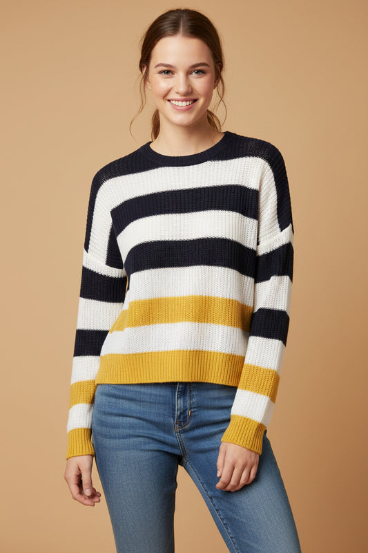 Polo Ralph Lauren Linen Striped Sweater – Navy, Cream & Mustard – Size M