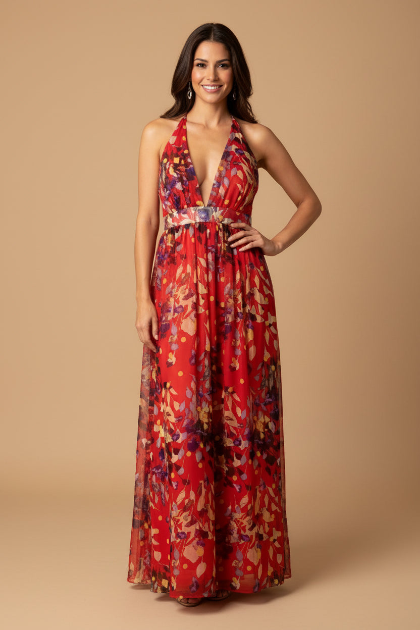 ? Designer — Long Cut-Out Dress in Floral Print in Polyester