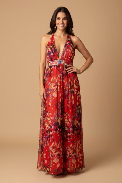 ? Designer — Long Cut-Out Dress in Floral Print in Polyester