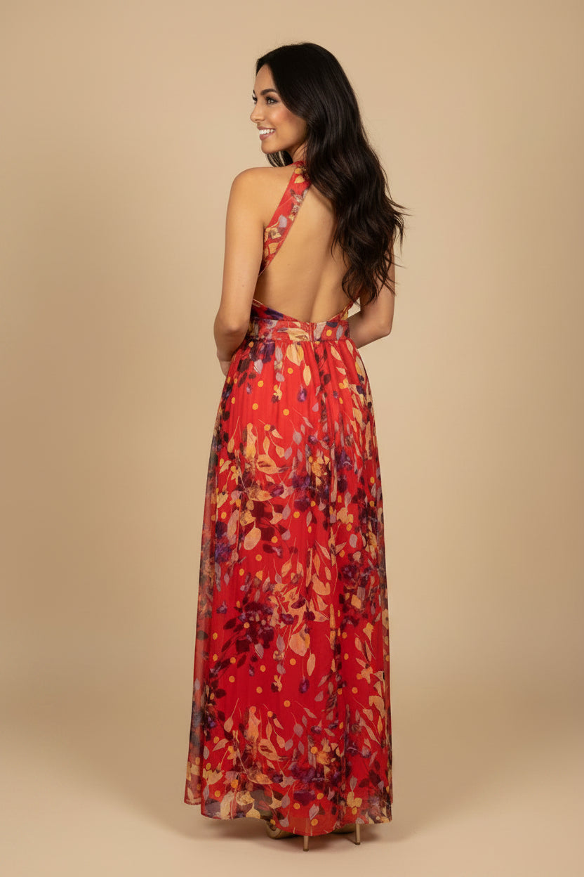 ? Designer — Long Cut-Out Dress in Floral Print in Polyester