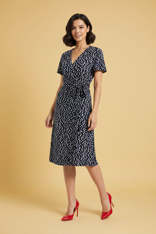 Mango printed wrap dress in navy — rent from Laura Messerschmitt, Berlin stylist