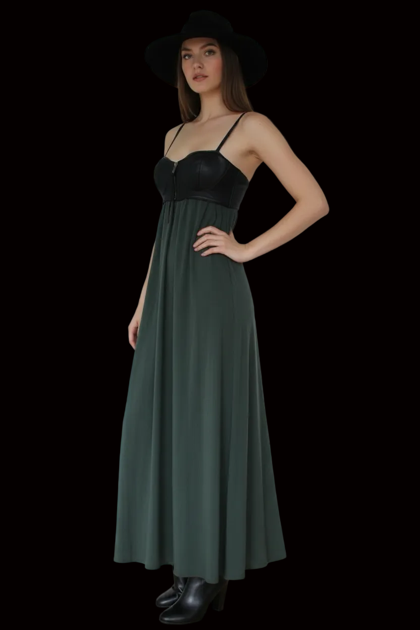 Diesel long corset dress with leather bodice & silk skirt in black & khaki — rent from Laura Messerschmitt, Berlin stylist