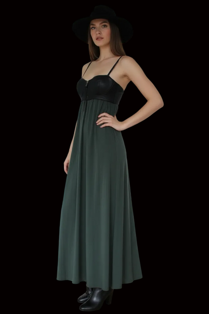 Diesel long corset dress with leather bodice & silk skirt in black & khaki — rent from Laura Messerschmitt, Berlin stylist
