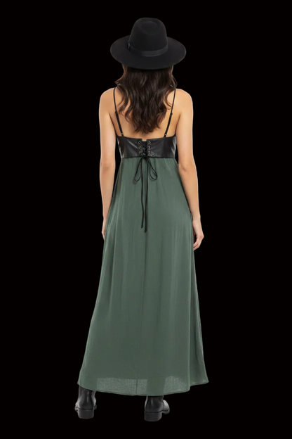 Diesel — Long Corset Dress with Leather Bodice & Silk Skirt in Black & Khaki