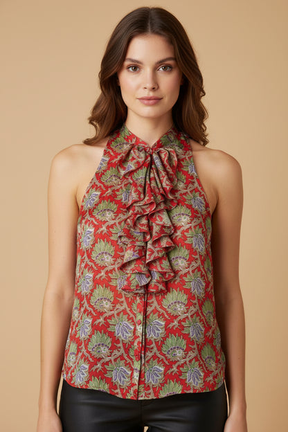 Ralph Lauren Pure Silk Botanical Print Blouse – Red Green – Size EU 38