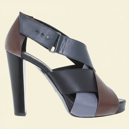 Hermès — Tri-Colour Leather Block-Heel Sandals in Navy, Burgundy & Black