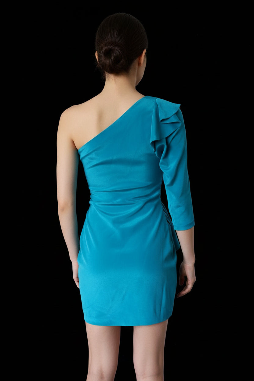 Diane von Furstenberg teal silk jersey one shoulder mini dress — view 2