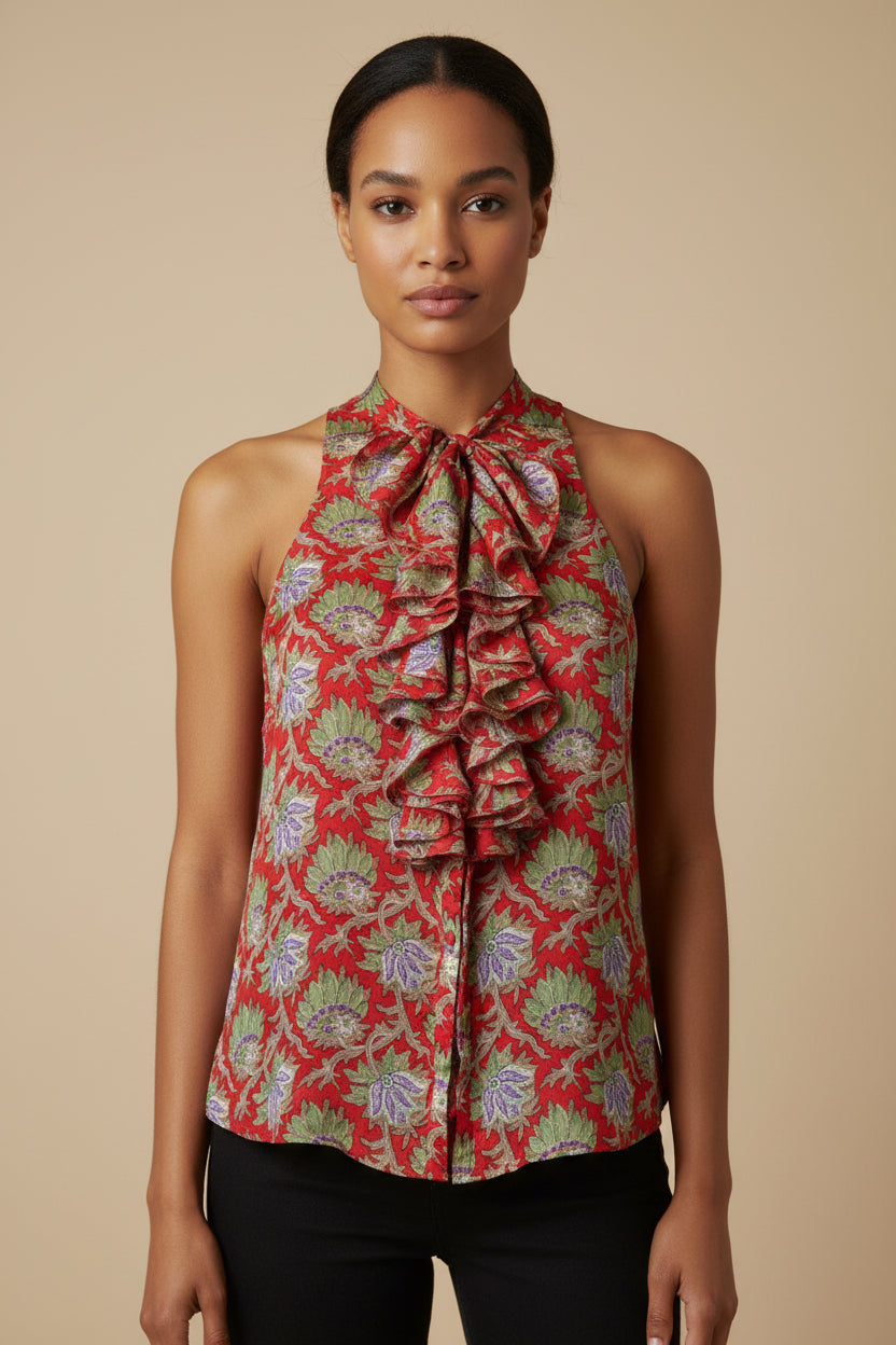 Ralph Lauren Pure Silk Botanical Print Blouse – Red Green – Size EU 38