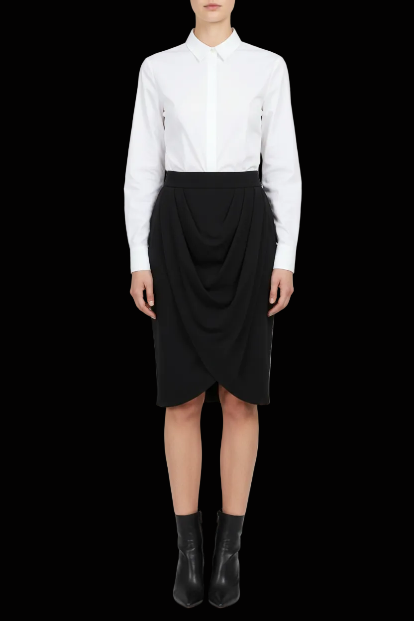 Chanel vintage silk pencil skirt with asymmetric drape in black — view 1