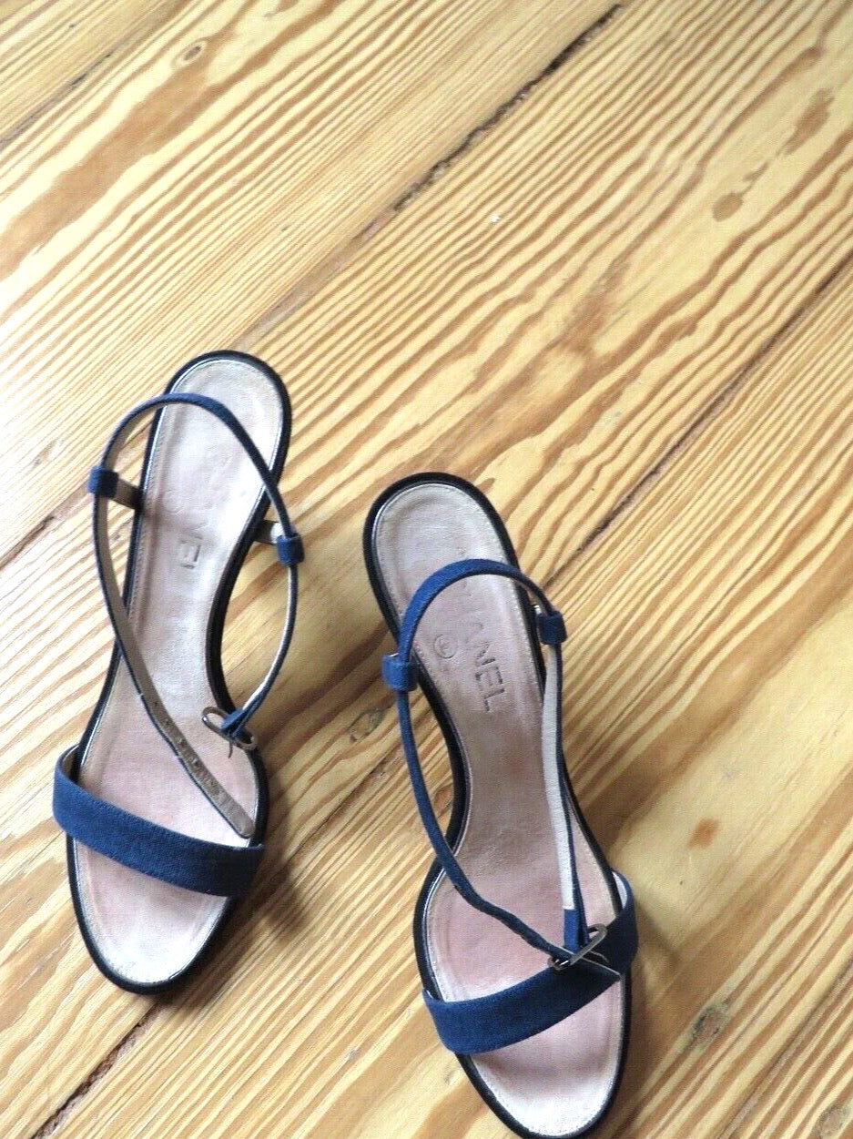 Chanel camellia heel sandals in denim weave with rose silver accent — view 1