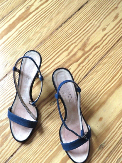 Chanel camellia heel sandals in denim weave with rose silver accent — view 1