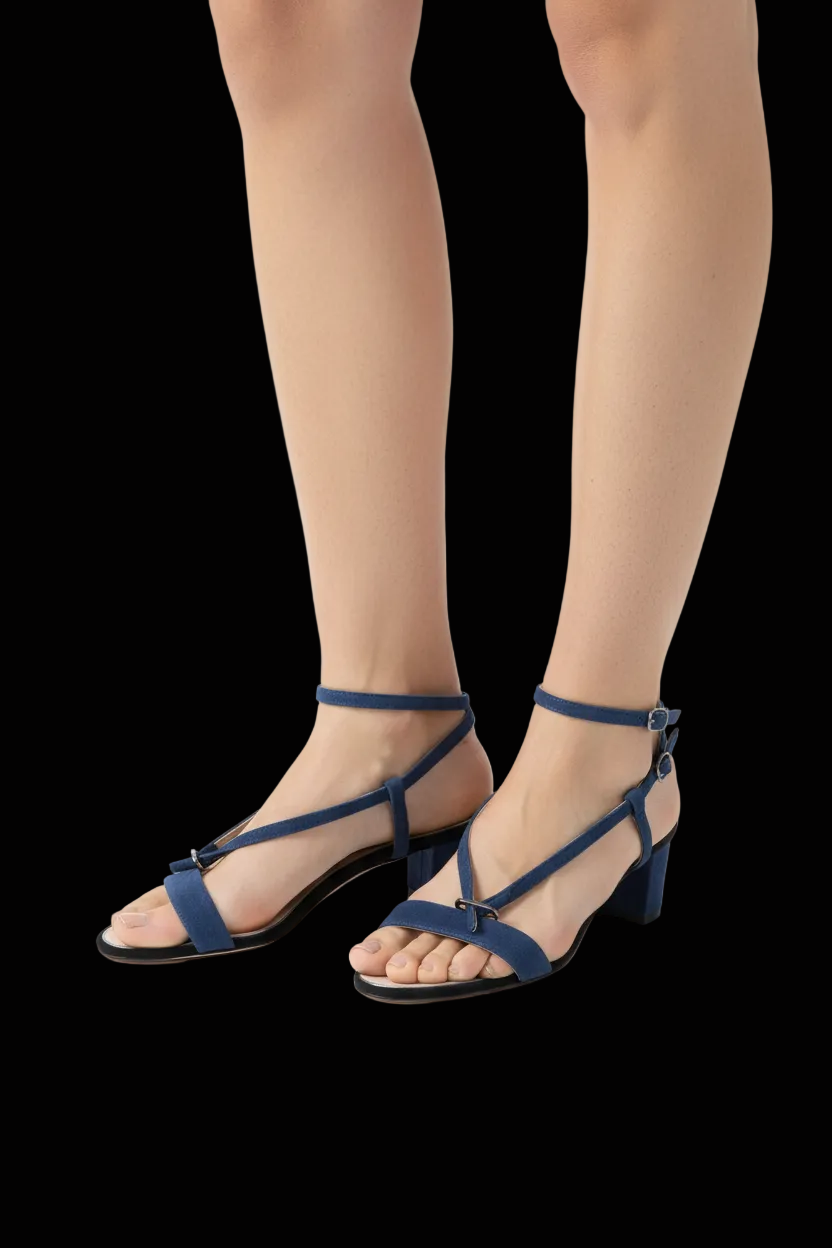 Chanel camellia heel sandals in denim-weave with rose-silver accent — rent from Laura Messerschmitt, Berlin stylist
