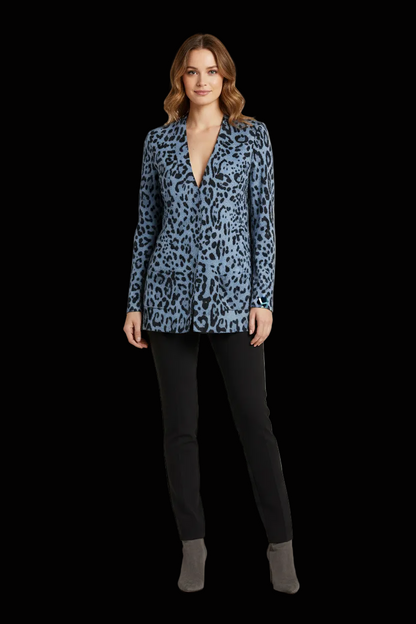 GC Fontana blue leopard print long cardigan front view on model