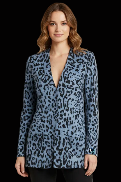 GC Fontana leopard print long cardigan in blue — rent from Laura Messerschmitt, Berlin stylist