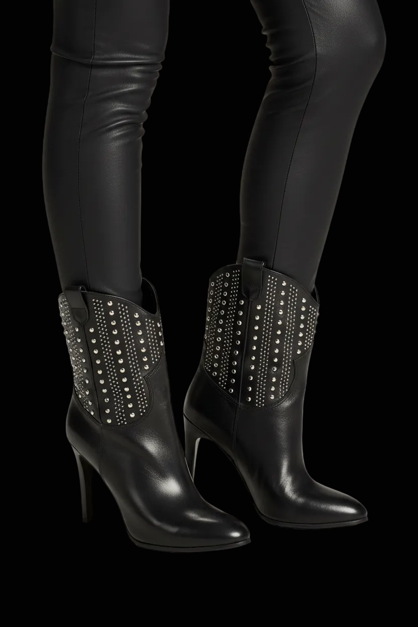 Saint Laurent debbie 100 studded western ankle boots in black — rent from Laura Messerschmitt, Berlin stylist
