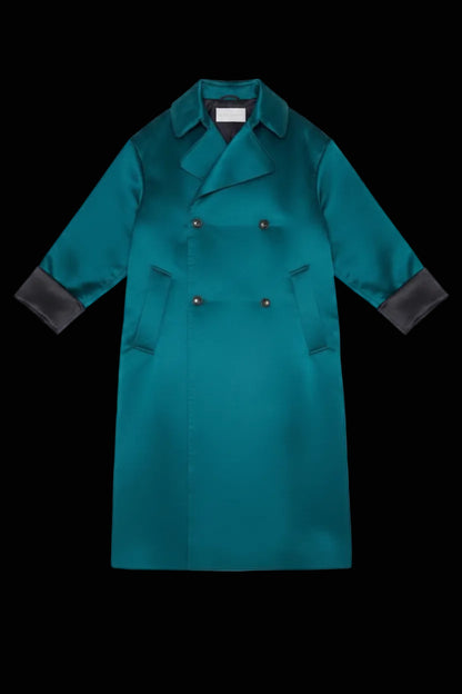 Fenty by Rihanna teal satin oversized padded double-breasted coat front view