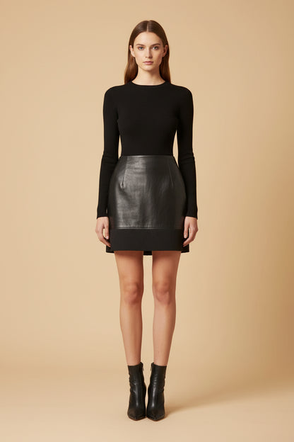 Jil Sander black leather and wool mini skirt on hanger