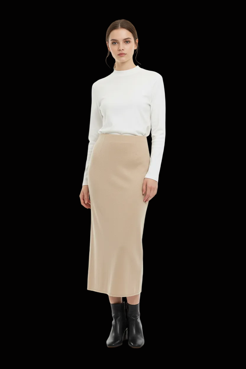 Chris Tan beige silk cashmere maxi skirt front view on mannequin