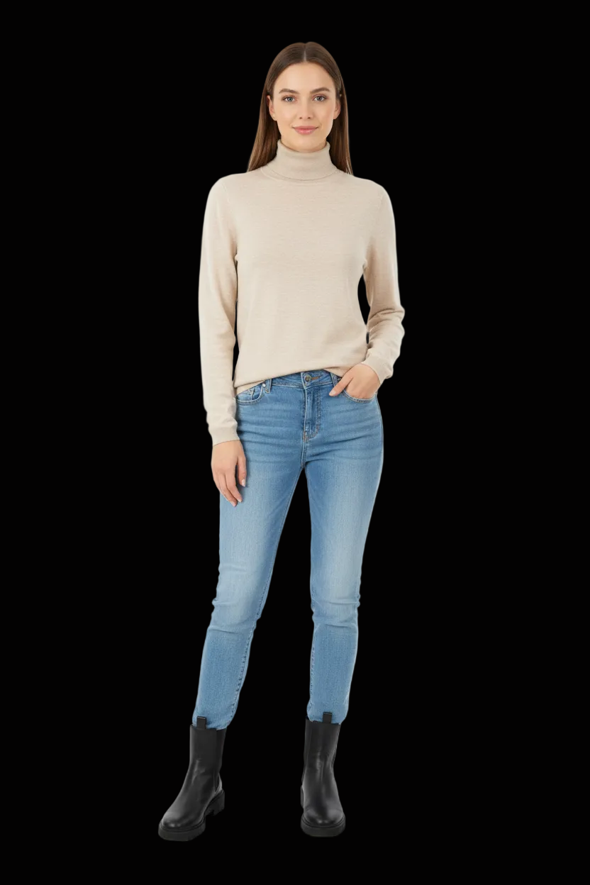 Witty Knitters cream wool turtleneck pullover front view on model