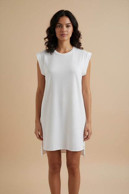 AllSaints — Silk Cap-Sleeve Shift Dress with High-Low Hem in Dove Grey