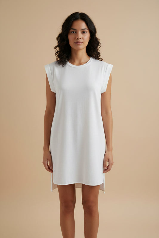 AllSaints — Silk Cap-Sleeve Shift Dress with High-Low Hem in Dove Grey