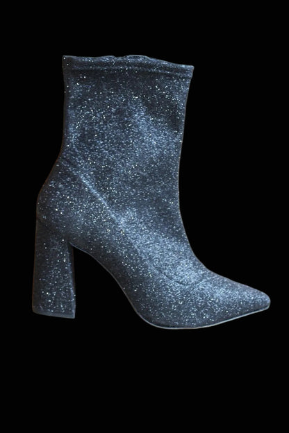 Rebecca Minkoff black glitter ankle boot side view with block heel