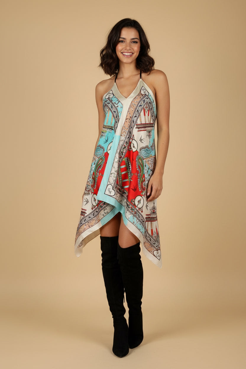 Lala Berlin — Silk Scarf-Print Handkerchief Hem Slip Dress