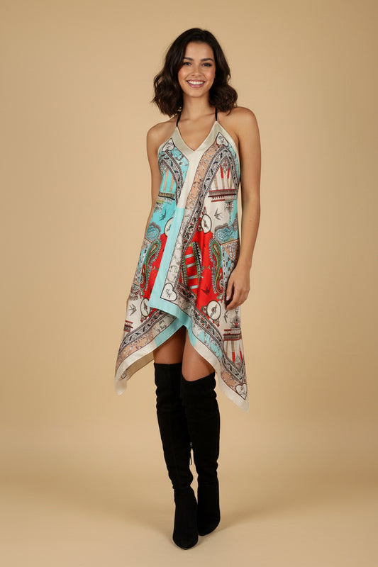 Lala Berlin — Silk Scarf-Print Handkerchief Hem Slip Dress