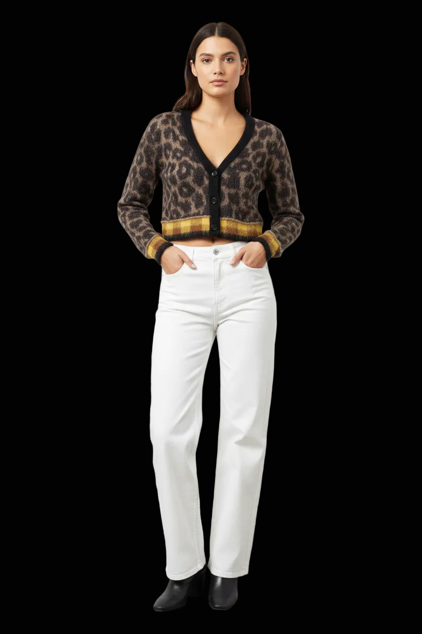 N21 mohair cropped cardigan in leopard and plaid trim — view 1