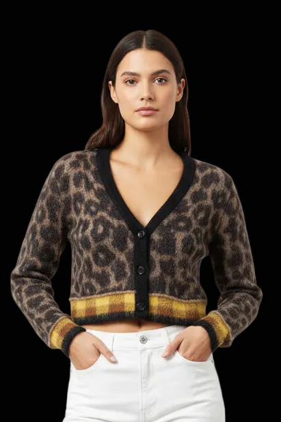 N°21 mohair cropped cardigan in leopard & plaid trim (nwot) — rent from Laura Messerschmitt, Berlin stylist