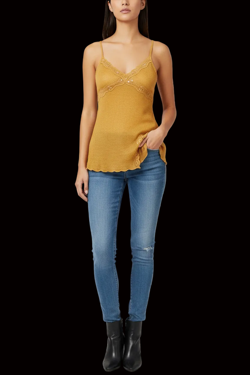 Tally Weijl vintage 90s sequin camisole in mustard — rent from Laura Messerschmitt, Berlin stylist