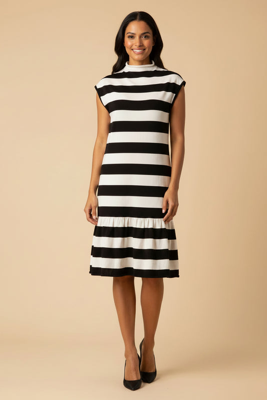 Ralph Lauren — Mulberry Silk Striped Dress in Black & Cream