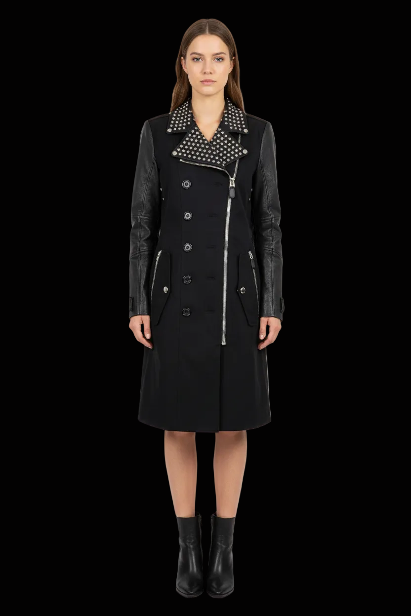Burberry vintage studded leather-sleeved trench coat in black — rent from Laura Messerschmitt, Berlin stylist