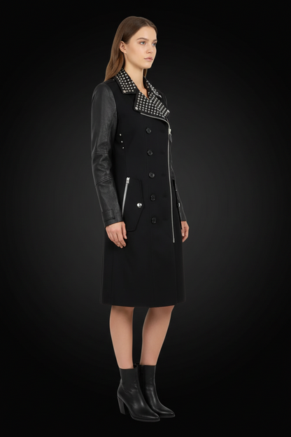 Burberry — Vintage Studded Leather-Sleeved Trench Coat in Black