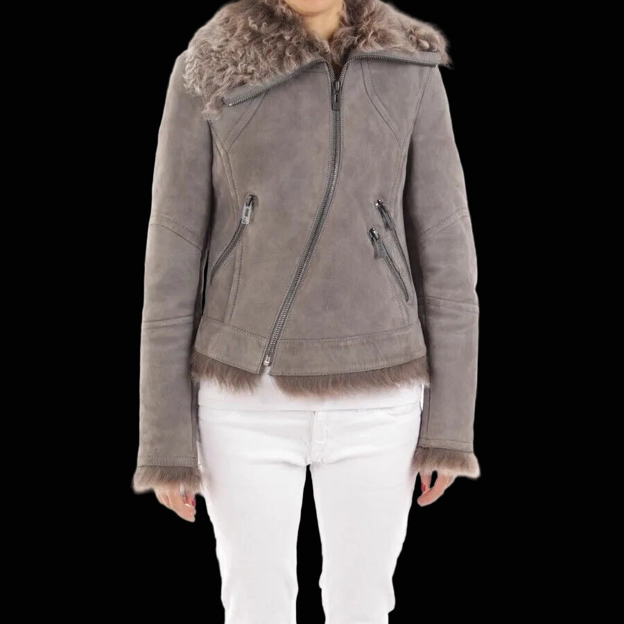 Maze shearling biker jacket side detail