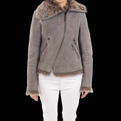 Maze mongolian shearling biker jacket in grey — rent from Laura Messerschmitt, Berlin stylist