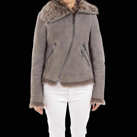 Maze mongolian shearling biker jacket in grey — rent from Laura Messerschmitt, Berlin stylist