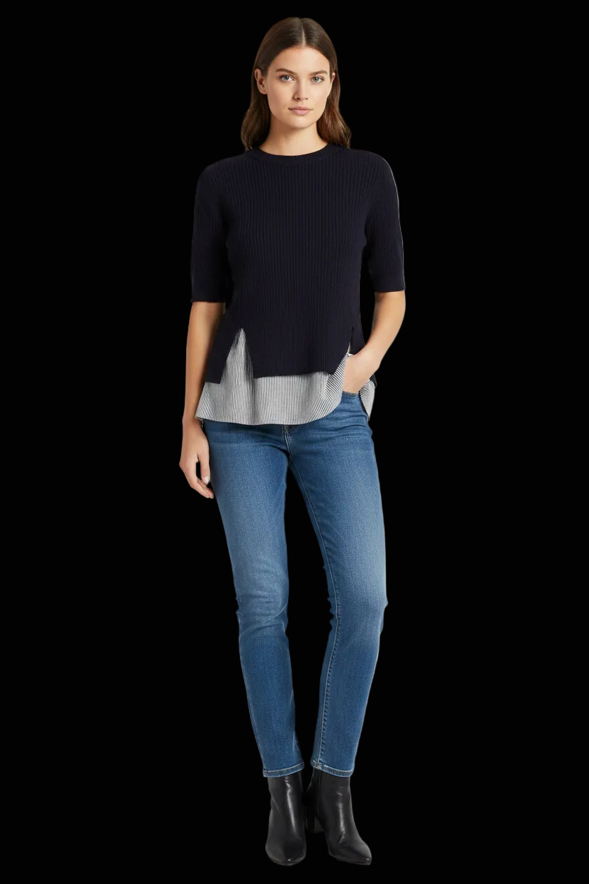 Joseph — Merino-Silk Ribbed Pullover with Contrast Silk Hem in Navy (NWOT)