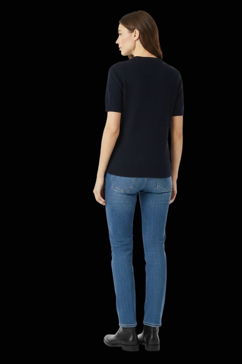 Joseph — Merino-Silk Ribbed Pullover with Contrast Silk Hem in Navy (NWOT)