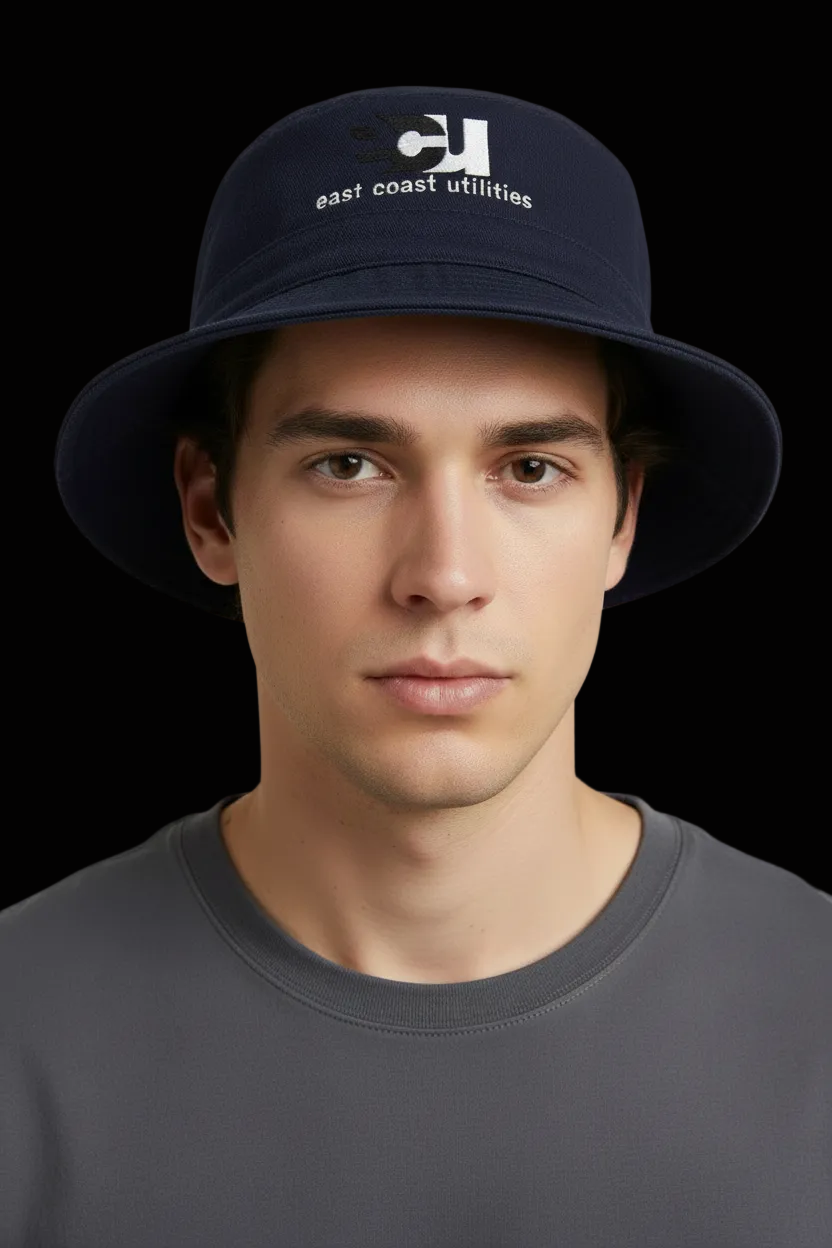 East Coast Utilities vintage 90s cotton bucket hat in navy — rent from Laura Messerschmitt, Berlin stylist