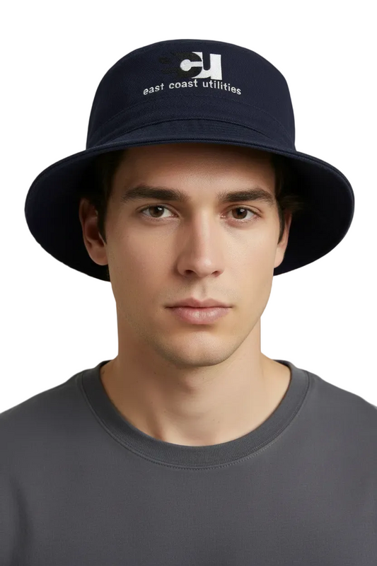 East Coast Utilities vintage 90s cotton bucket hat in navy — rent from Laura Messerschmitt, Berlin stylist