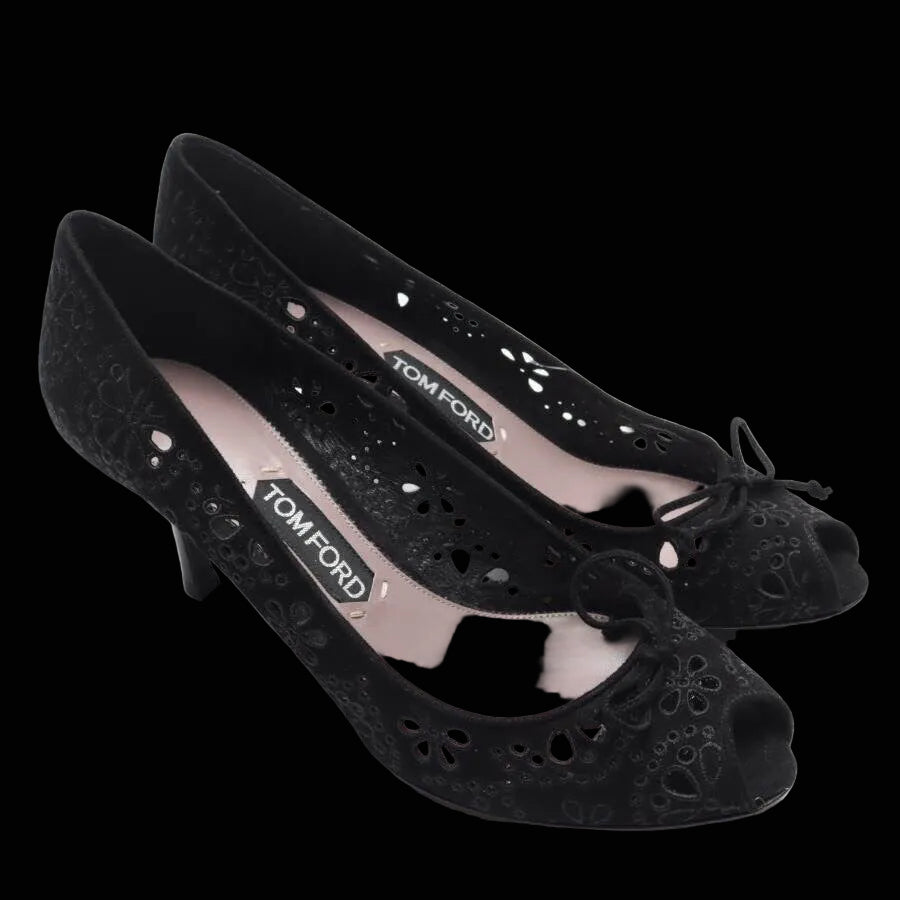 Tom Ford black suede peep-toe pump front view showing cutout vamp