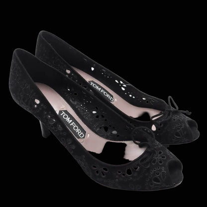 Tom Ford black suede peep-toe pump front view showing cutout vamp